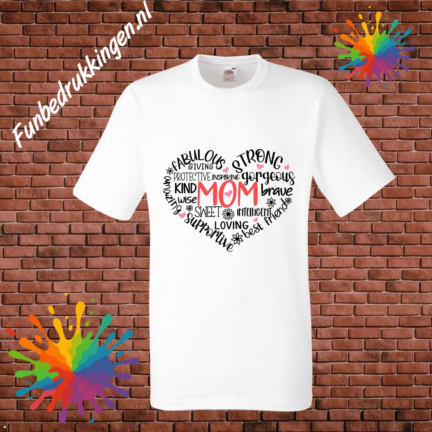 Moederdag T-shirt “MOM Heart” – Liefdevol Mama Shirt met Hart Design | Funbedrukkingen